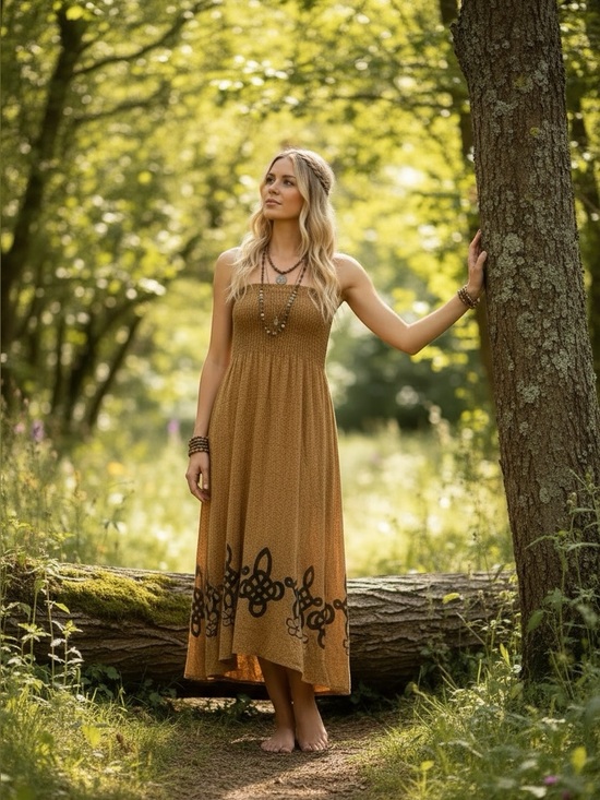 Free People Dresses & Skirts - Free People Strapless Smocked Maxi Dress in Warm Brown with Dark Hem Motif